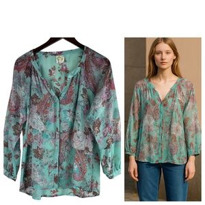 Fig and Flower Anthropologie Top Shirt Tunic Large Floral Teal Pink Sheer Silky
